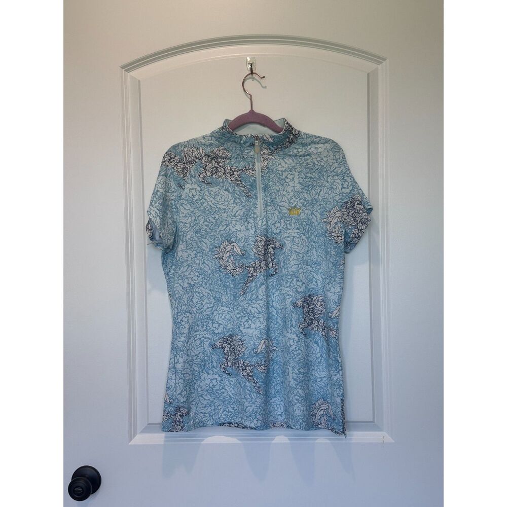 Kastel 1/4 Zip Short Sleeve Blue horse print Sun Shirt Size Large